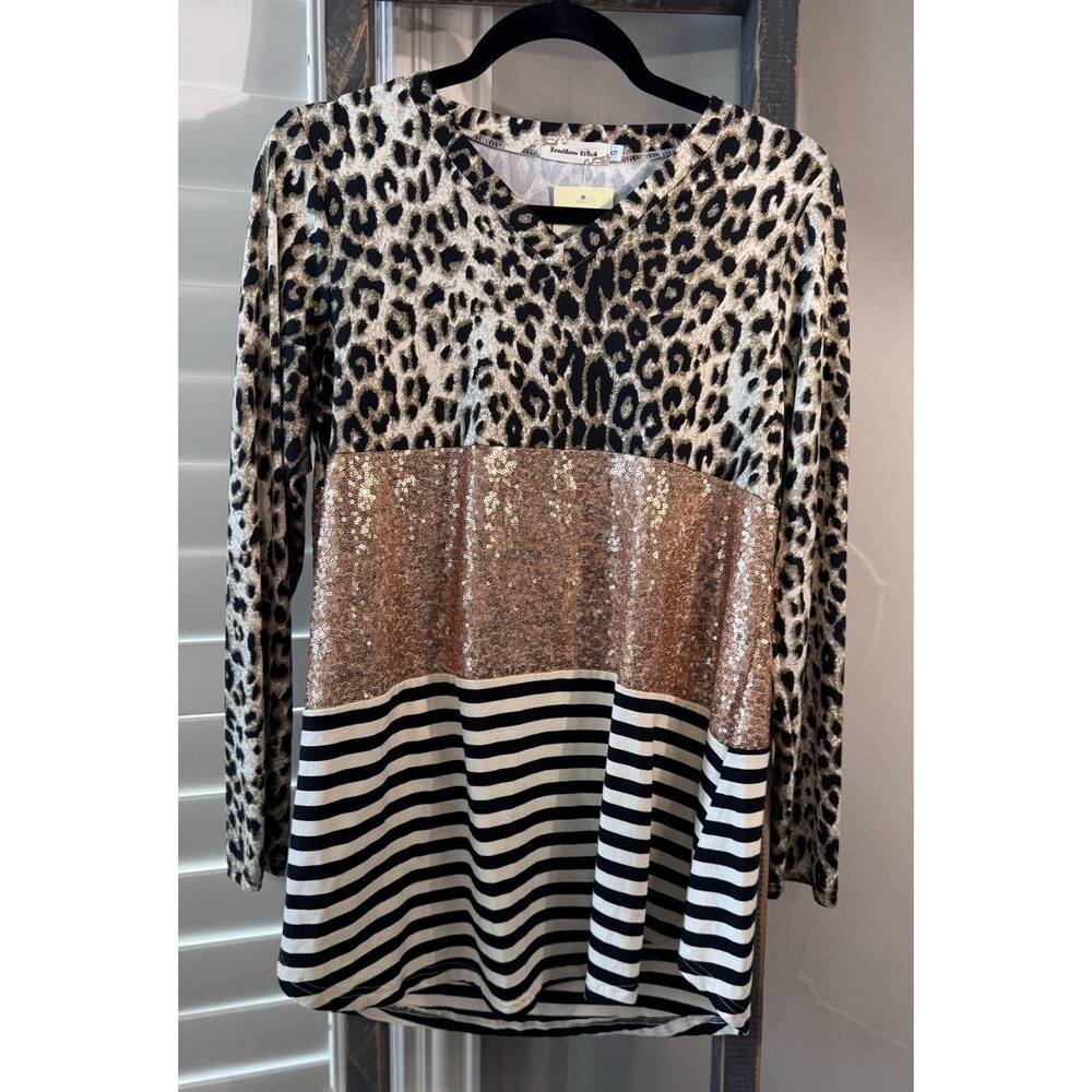 Ladies Small Southern Stitch Leopard Print And Sequin Top NWT